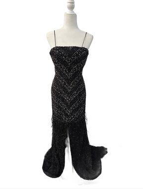 Vintage Studio 17 Silk Beaded & Feather Black Evening Prom Dress